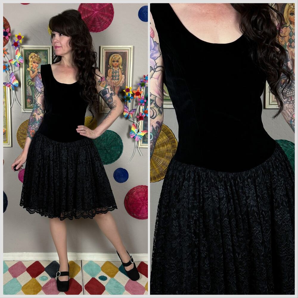 Vintage 1990s Black Velvet and Lace Sleeveless Fit and Flare Dress